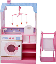 Load image into Gallery viewer, Olivia's Little World - All in One 16-18 inch Baby Doll Wooden Nursery Center - Double Sided Dollhouse for Baby Dolls with Swings - Multi- Functional Changing Station, Unicorn White/Pink/Blue