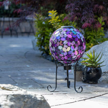 Load image into Gallery viewer, Alpine Corporation Outdoor Solar Powered Pink Glass Mosaic Gazing Globe with LED Lights and Metal Stand, Violet