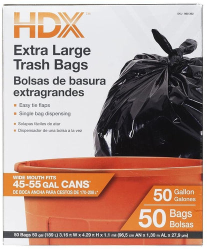 HDX 960362 50 gal Trash Bags, XL, Black (Pack of 50)