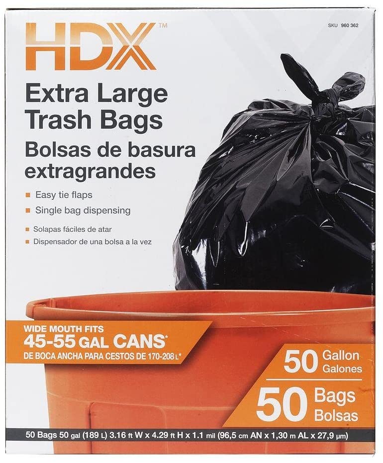HDX 960362 50 gal Trash Bags, XL, Black (Pack of 50)