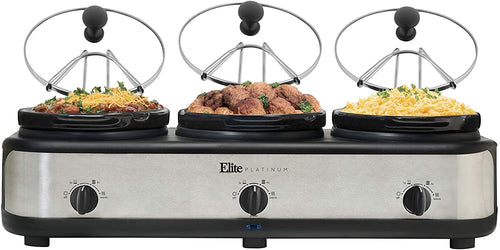 Elite Gourmet Elite Platinum EWMST-325FFP Maxi-Matic Triple Slow Cooker Buffet Server, Black/Silver