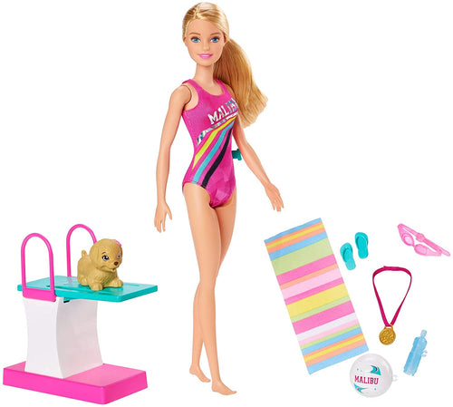 Barbie Dreamhouse Adventures Swim 'n Dive Doll, 11.5-Inch, in Swimwear, with Swimming Feature, Diving Board and Puppy, Gift for 3 to 7 Year Olds, Multi, Model Number: GHK23