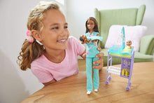 Load image into Gallery viewer, Barbie Baby Doctor Playset with Brunette Doll, 2 Infant Dolls, Exam Table and Accessories