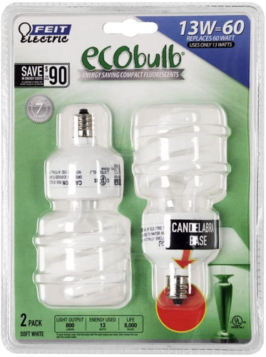 BPESL13TC/2 ECOBulb 13W/60W Twist CFL Candelabra Base Bulbs