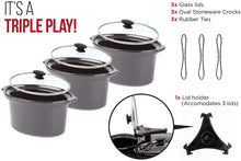 Load image into Gallery viewer, Chefman Triple Slow Cooker &amp; Buffet Server with 3 Removable 1.5 Quart Oval Crocks, Pot Inserts are Individually Heat Controlled with Locking Lid Straps, Spoon and Lid Rests, 4.5 qt. total capacity, Stainless Steel – RJ15-15-TO