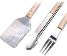 Load image into Gallery viewer, Jim Beam, F 3-Piece Grilling/Barbecue Tool Set with Wooden Handles Includes-Spatula, Fork and Tongs for Outdoor Cooking, 19&#39;&#39;x9.5&#39;&#39;x10&#39;&#39;, Metal