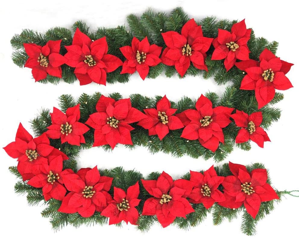 Home Accents Holiday 9 ft. Berry Bliss Battery Operated Pre-Lit LED Artificial Christmas Garland with Poinsettia