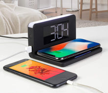 Load image into Gallery viewer, Aluratek Qi Wireless Charging Alarm Clock with White LED Display, USB Charging Port, Compatible with iPhone Xs Max, XR, X/Xs, Galaxy S9/S8/S7, and Other Qi Enabled Smartphones (ABQC03F)