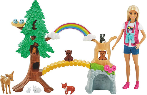 Barbie Wilderness Guide Interactive Playset with Blonde Doll (12-in), Outdoor Tree, Bridge, Overhead Rainbow, 10 Animals & More, Great Gift for Ages 3 Years Old & Up