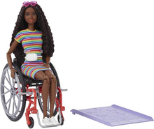 Load image into Gallery viewer, Barbie Fashionistas Doll #166, with Wheelchair &amp; Crimped Brunette Hair Wearing Rainbow-Striped Dress, White Sneakers, Sunglasses &amp; Fanny Pack, Toy for Kids 3 to 8 Years Old