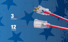 Load image into Gallery viewer, Southwire 2549SWUSA1 100-Feet, Contractor Grade, 12/3 Extension Cord, With Lighted End; Red White And Blue, American Made Extension Cord, Indoor and Outdoor Use, Water Resistant Flexible Jacket