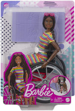 Load image into Gallery viewer, Barbie Fashionistas Doll #166, with Wheelchair &amp; Crimped Brunette Hair Wearing Rainbow-Striped Dress, White Sneakers, Sunglasses &amp; Fanny Pack, Toy for Kids 3 to 8 Years Old