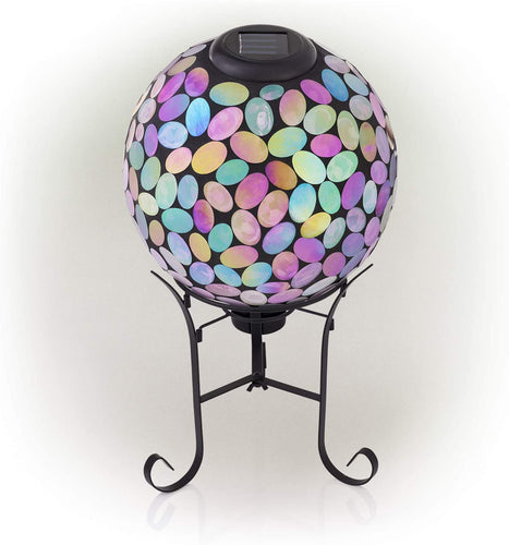 Alpine Corporation Outdoor Solar Powered Pink Glass Mosaic Gazing Globe with LED Lights and Metal Stand, Violet