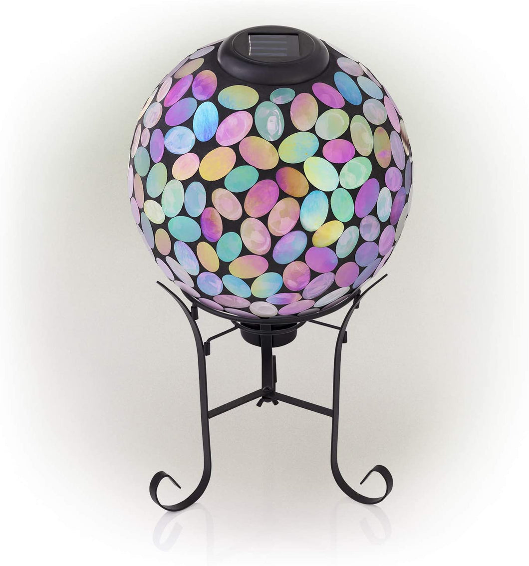 Alpine Corporation Outdoor Solar Powered Pink Glass Mosaic Gazing Globe with LED Lights and Metal Stand, Violet