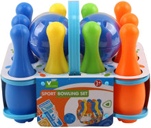 Load image into Gallery viewer, Vokodo Toy Bowling Set For Toddlers 12 Pieces Includes 10 Pins 2 Balls And Carrying Case Safe Educational Early Learning Colorful Active Play Sport Game Perfect Gift For Preschool Children Boys Girls