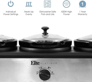 Elite Gourmet Elite Platinum EWMST-325FFP Maxi-Matic Triple Slow Cooker Buffet Server, Black/Silver