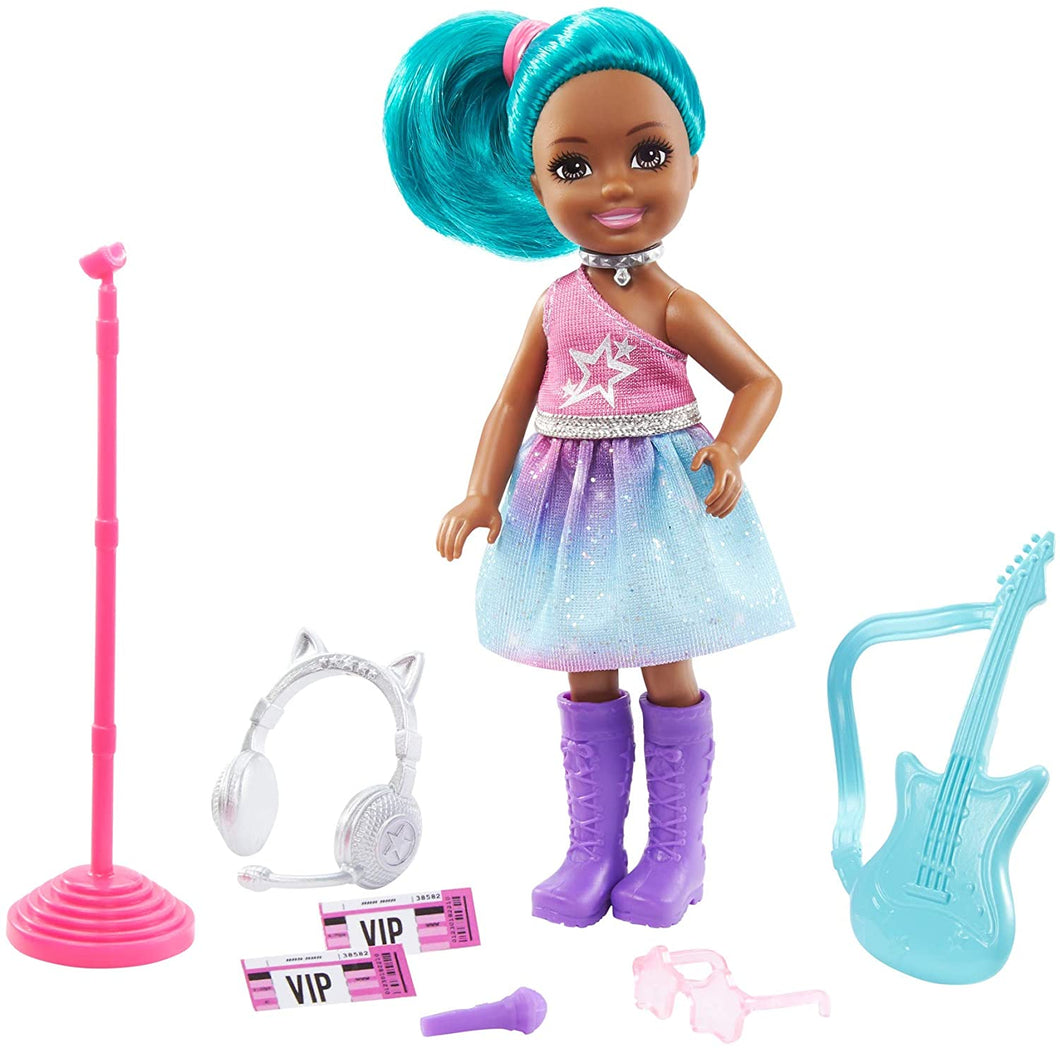 Barbie Chelsea Can Be Playset with Blue Hair Chelsea Rockstar Doll (6-in/15.24-cm), Guitar, Microphone, Headphones, 2 VIP Tickets, Star-Shaped Glasses, Great Gift for Ages 3 Years Old & Up