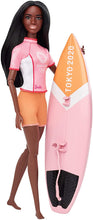 Load image into Gallery viewer, Barbie Olympic Games Tokyo 2020 Surfer Doll with Surf Uniform, Tokyo 2020 Jacket, Medal, Tokyo 2020 Surfboard with Fins for Ages 3 and Up