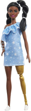 Load image into Gallery viewer, Barbie Fashionistas Doll #146 with 2 Twisted Braids &amp; Prosthetic Leg Wearing Star-Print Dress, White Shoes &amp; Arm Bracelet, Toy for Kids 3 to 8 Years Old