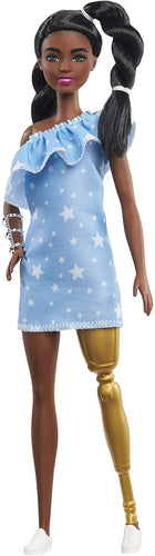 Barbie Fashionistas Doll #146 with 2 Twisted Braids & Prosthetic Leg Wearing Star-Print Dress, White Shoes & Arm Bracelet, Toy for Kids 3 to 8 Years Old