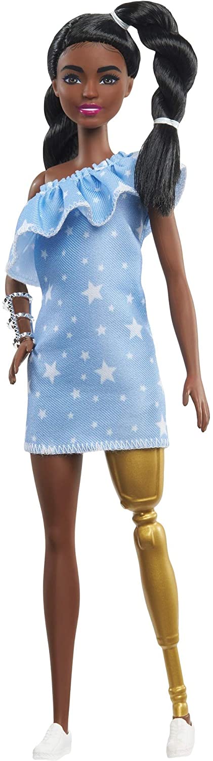Barbie Fashionistas Doll #146 with 2 Twisted Braids & Prosthetic Leg Wearing Star-Print Dress, White Shoes & Arm Bracelet, Toy for Kids 3 to 8 Years Old