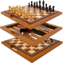 Load image into Gallery viewer, Trademark Games Deluxe Wooden Chess, Checker and Backgammon Set, Brown