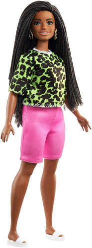 Barbie Fashionistas Doll with Long Brunette Braids Wearing Neon Green Animal-Print Top, Pink Shorts, White Sandals & Earrings, Toy for Kids 3 to 8 Years Old