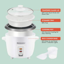 Load image into Gallery viewer, Maxi-Matic Electric Non-Stick Rice Cooker &amp; Steamer w/Automatic Keep Warm Makes Soups, Stews, Grains, Cereals, 6 Cooked (3 Cups Uncooked), White