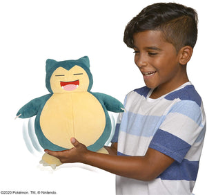 Pokemon Snooze Action Snorlax Plush, 10 Plush Toy - Features Over 20 Authentic Snorlax Sounds, with 2 Modes of Play: Asleep & Awake, Plus Vibrating Belly - Eats Pecha Berry (Included)