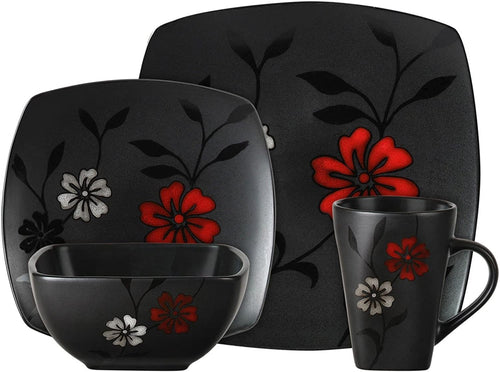 Gibson Elite Evening Blossom 16 Piece Dinnerware Set, Black