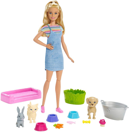Barbie Play ‘n’ Wash Pets Playset with Blonde Doll, 3 Color-Change Animals a Puppy, Kitten and Bunny and 10 Pet and Grooming Accessories, Gift for 3 to 7 Year Olds