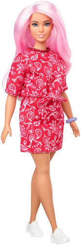 Barbie Fashionistas Doll with Long Pink Hair Wearing a Red Paisley Top & Skirt, White Sneakers & Scrunchie Bracelet, Toy for Kids 3 to 8 Years Old