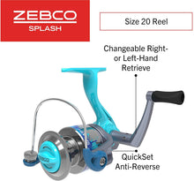 Load image into Gallery viewer, Zebco Splash Spinning Reel and Fishing Rod Combo, 6-Foot 2-Piece Fishing Pole, Size 20 Reel, Changeable Right- or Left-Hand Retrieve, Pre-Spooled with 8-Pound Zebco Line, Blue