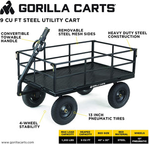 Gorilla Carts GOR1200-COM Heavy-Duty Steel Utility Cart with Removable Sides and 13" Tires, 1200-lbs. Capacity, Black