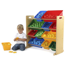 Load image into Gallery viewer, Tot Tutors Kids' Toy Storage Organizer with 12 Plastic Bins, Natural/Primary (Primary Collection)