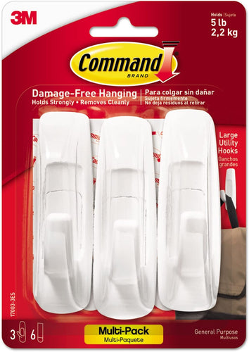 General Purpose Hooks Value Pack, Large, 5lb Cap, White, 3 Hooks & 6 Strips/pack