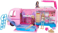 Load image into Gallery viewer, Barbie Dream Camper with Rolling Wheels, Campsite Playset 2+ Feet Long with Pool, Furnishings and Firepit, Great Gift for 3 to 7 Year Olds