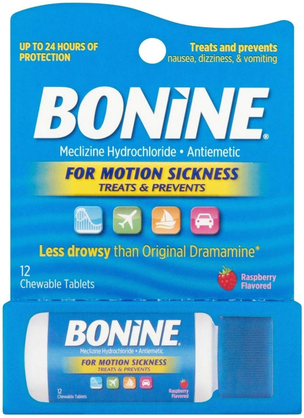 Bonine Motion Sickness Raspberry Travel Pack, Blue, 12 Count