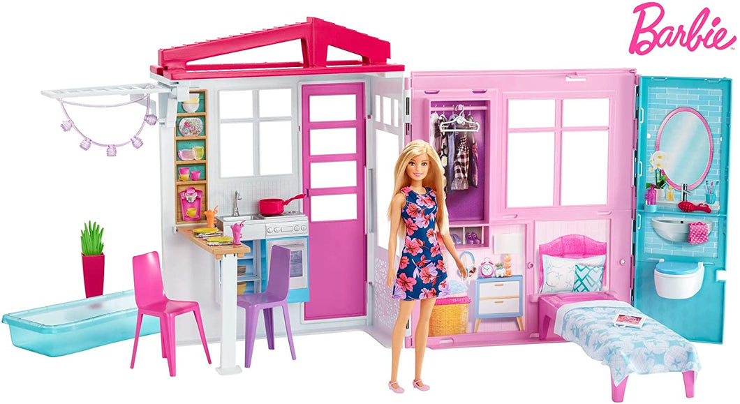 Barbie Doll and Dollhouse, Portable 1-Story Playset with Pool and Accessories, for 3 to 7 Year Olds