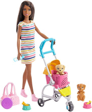Load image into Gallery viewer, Barbie Stroll ‘n Play Pups Playset with Brunette Doll (11.5-inch), 2 Puppies, Pet Stroller and Accessories, Gift for 3 to 7 Year Olds