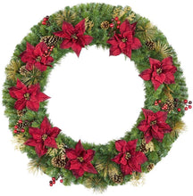 Load image into Gallery viewer, Home Accents Holiday 48 in. Burgundy Poinsettia Mixed Pine Wreath with Berries, Gold Glitter Cedar and Pinecone