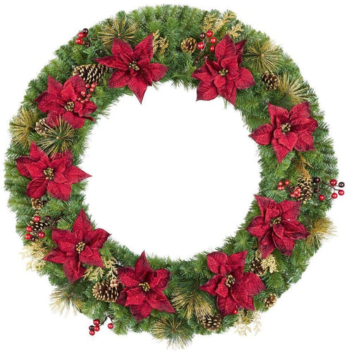 Home Accents Holiday 48 in. Burgundy Poinsettia Mixed Pine Wreath with Berries, Gold Glitter Cedar and Pinecone