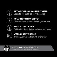 Load image into Gallery viewer, Panasonic Men’s Ear and Nose Hair Trimmer with Vacuum Cleaning System, Wet Dry Hypoallergenic High-Performance with Dual Edge Blade, Black ER-GN70-K