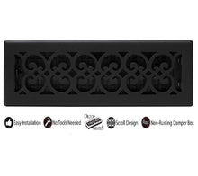 Load image into Gallery viewer, Decor Grates ST414 Scroll Floor Register, Textured Black, with Airflow Control tab Construction, Rust Proof Damper Box, 4-Inch by 14-Inch