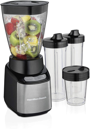Hamilton Beach Stay or Go Blender with 32oz Jar, 8oz Grinder for Nuts & Spices, and 2 Portable Cups with Drinking Lids for Shakes and Smoothies, BPA Free, Black and Silver (52400)