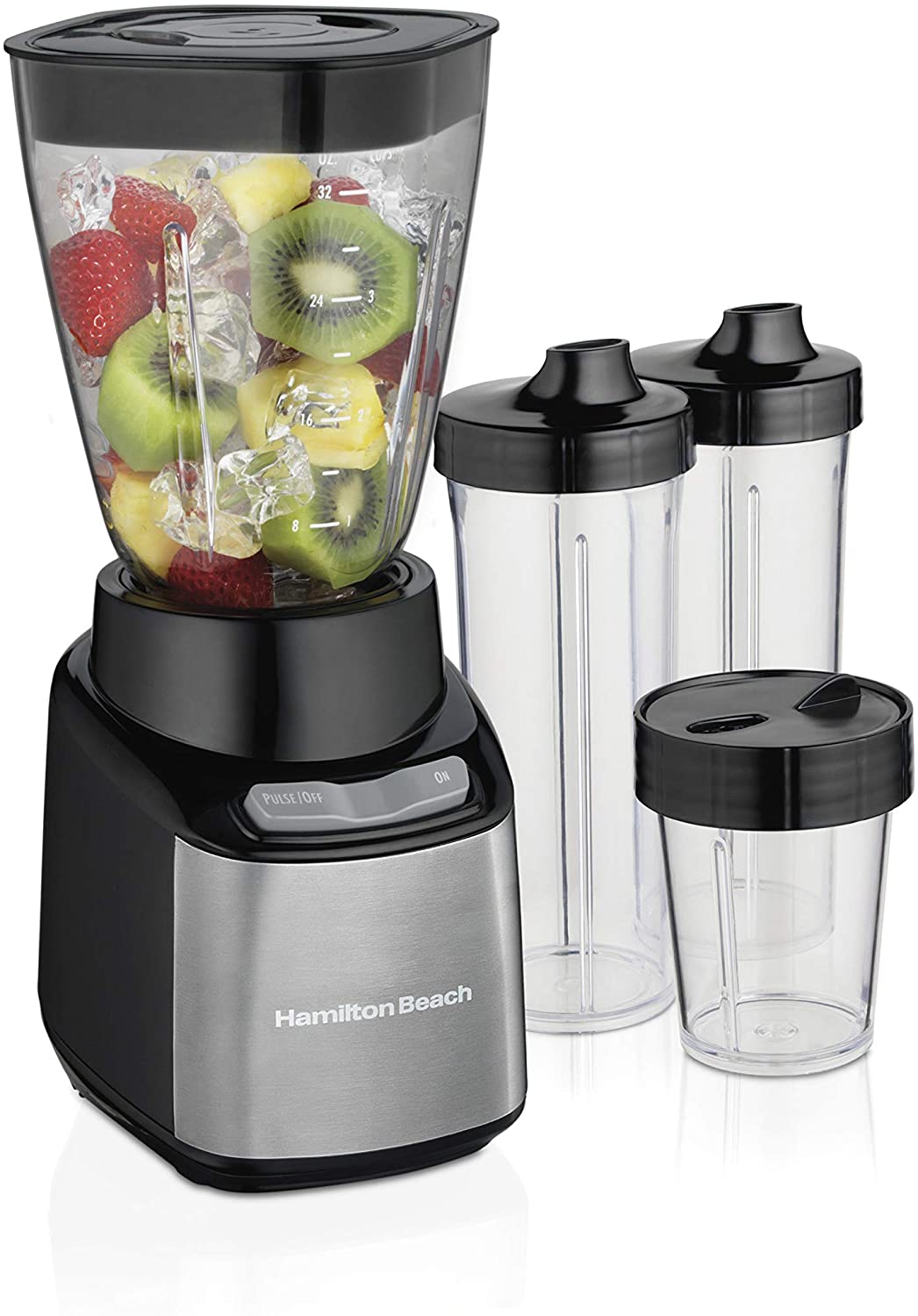 Hamilton Beach Stay or Go Blender with 32oz Jar, 8oz Grinder for Nuts & Spices, and 2 Portable Cups with Drinking Lids for Shakes and Smoothies, BPA Free, Black and Silver (52400)