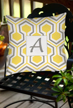 Load image into Gallery viewer, Manual Woodworkers &amp; Weavers Square Indoor/Outdoor Pillow, 16-Inch, Monogrammed Letter A, Yellow Honeycomb