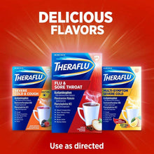 Load image into Gallery viewer, Theraflu Flu and Sore Throat Hot Liquid Powder, Apple Cinnamon Flavor, for relief from Nasal Congestion, runny nose and Headache - 6 Count Box