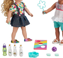 Load image into Gallery viewer, My Life As Doll Size Outdoor Game Play Set 13 Piece Backyard Fun Party Games for 18" Dolls ~ Real Bubbles, Unicorn Bowling Pins, Bean Bag Toss and More