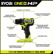 Load image into Gallery viewer, Ryobi ONE+ HP 18V Brushless Cordless Compact 1/2 in. Drill and Impact Driver Kit with (2) 1.5 Ah Batteries, Charger and Bag